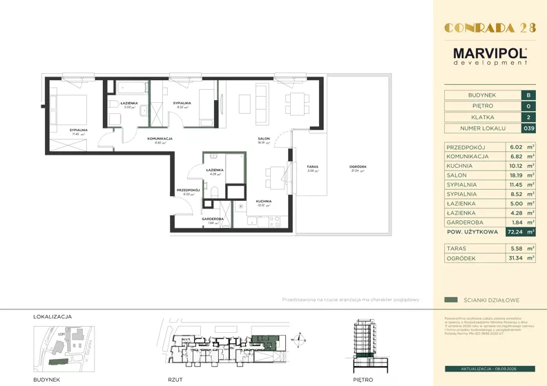 3 pokoje, apartament 72,24 m², parter, oferta nr B/B039, Conrada 28, Warszawa, Bielany, ul. Josepha Conrada 28