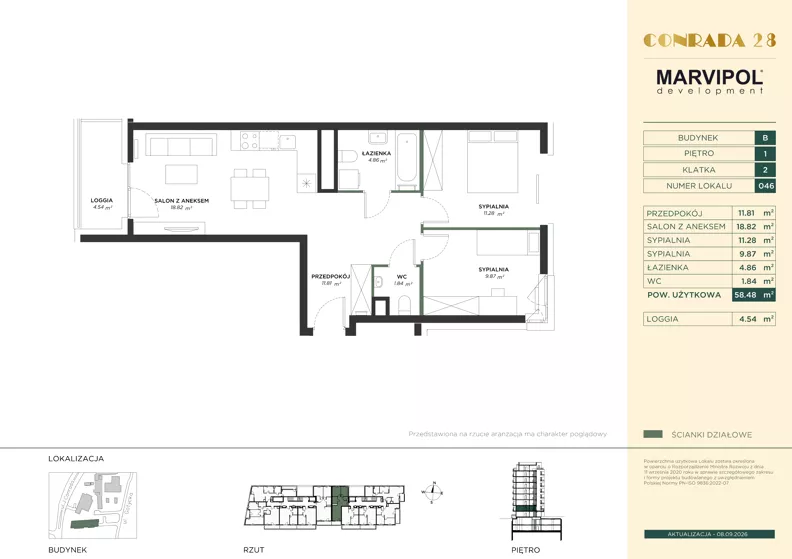 3 pokoje, mieszkanie 58,48 m², piętro 1, oferta nr B/B046, Conrada 28, Warszawa, Bielany, ul. Josepha Conrada 28