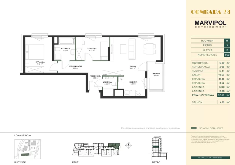 3 pokoje, mieszkanie 62,68 m², piętro 3, oferta nr B/B052, Conrada 28, Warszawa, Bielany, ul. Josepha Conrada 28