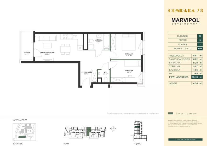 3 pokoje, mieszkanie 58,48 m², piętro 5, oferta nr B/B066, Conrada 28, Warszawa, Bielany, ul. Josepha Conrada 28