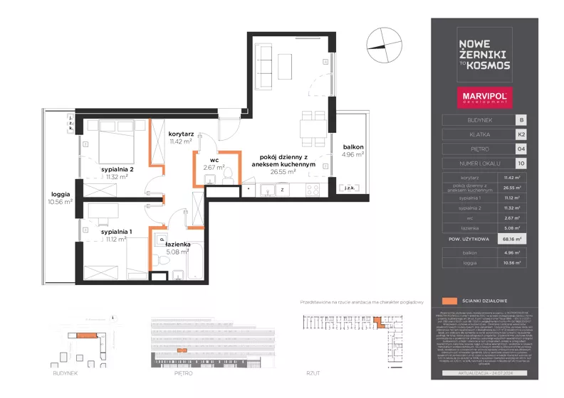 3 pokoje, mieszkanie 68,16 m², piętro 4, oferta nr B/AB-04-10-K2, Nowe Żerniki, Wrocław, Żerniki, ul. Kosmonautów / al. Architektów
