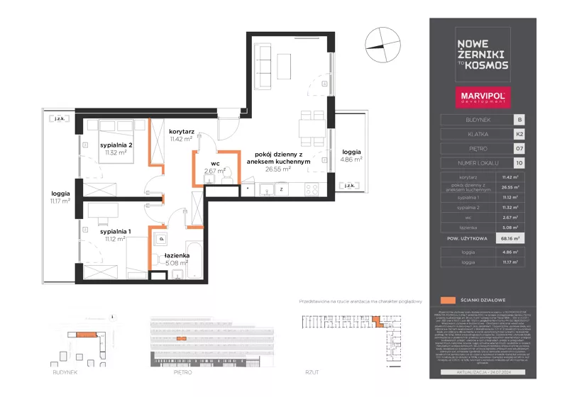 3 pokoje, mieszkanie 68,16 m², piętro 7, oferta nr B/AB-07-10-K2, Nowe Żerniki, Wrocław, Żerniki, ul. Kosmonautów / al. Architektów