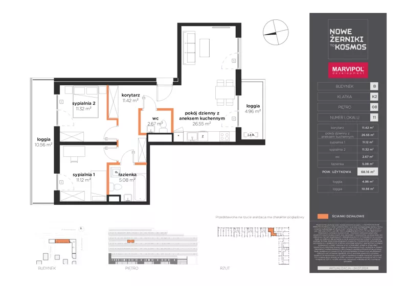 3 pokoje, mieszkanie 68,16 m², piętro 8, oferta nr B/AB-08-11-K2, Nowe Żerniki, Wrocław, Żerniki, ul. Kosmonautów / al. Architektów