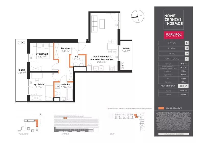 3 pokoje, mieszkanie 68,16 m², piętro 10, oferta nr B/AB-10-11-K2, Nowe Żerniki, Wrocław, Żerniki, ul. Kosmonautów / al. Architektów