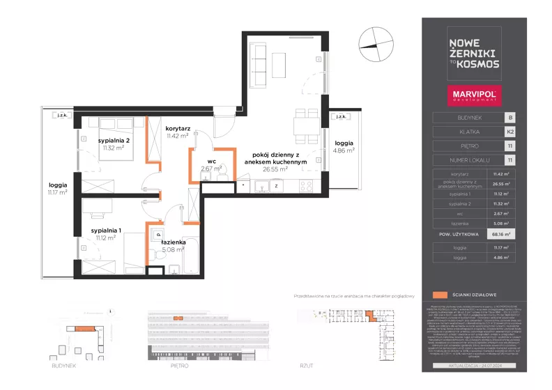 3 pokoje, mieszkanie 68,16 m², piętro 11, oferta nr B/AB-11-11-K2, Nowe Żerniki, Wrocław, Żerniki, ul. Kosmonautów / al. Architektów