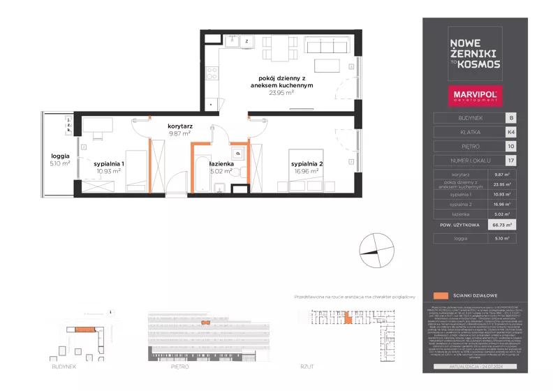 3 pokoje, mieszkanie 66,73 m², piętro 10, oferta nr B/B-10-17-K4, Nowe Żerniki, Wrocław, Żerniki, ul. Kosmonautów / al. Architektów