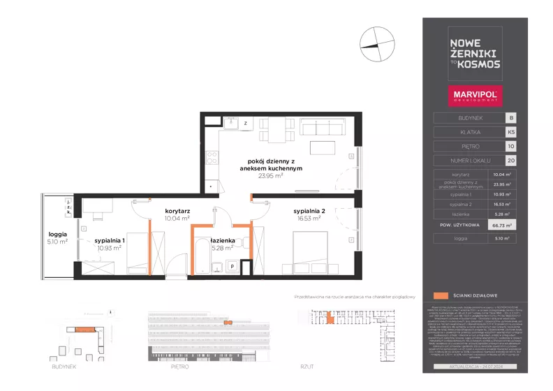 3 pokoje, mieszkanie 66,73 m², piętro 10, oferta nr B/B-10-20-K5, Nowe Żerniki, Wrocław, Żerniki, ul. Kosmonautów / al. Architektów