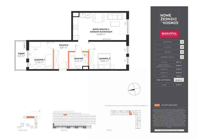 3 pokoje, mieszkanie 66,65 m², piętro 10, oferta nr B/B-10-14-K3, Nowe Żerniki, Wrocław, Żerniki, ul. Kosmonautów / al. Architektów