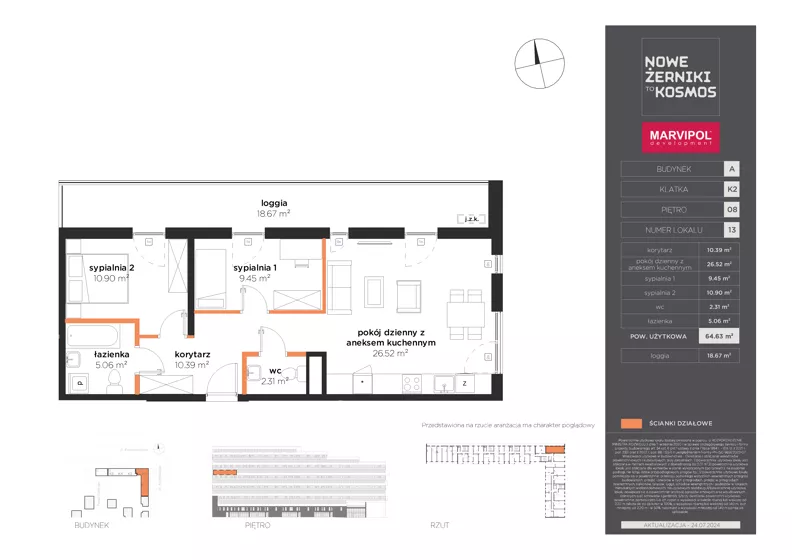 3 pokoje, mieszkanie 64,63 m², piętro 8, oferta nr A/A-08-13-K2, Nowe Żerniki, Wrocław, Żerniki, ul. Kosmonautów / al. Architektów