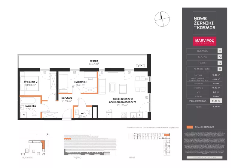 3 pokoje, mieszkanie 64,63 m², piętro 10, oferta nr A/A-10-13-K2, Nowe Żerniki, Wrocław, Żerniki, ul. Kosmonautów / al. Architektów