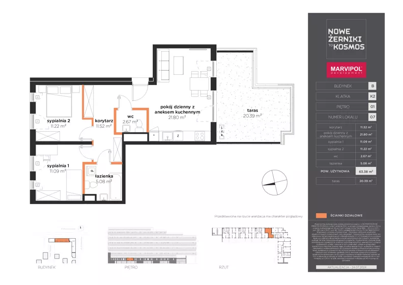 3 pokoje, mieszkanie 63,38 m², piętro 1, oferta nr B/AB-01-07-K2, Nowe Żerniki, Wrocław, Żerniki, ul. Kosmonautów / al. Architektów