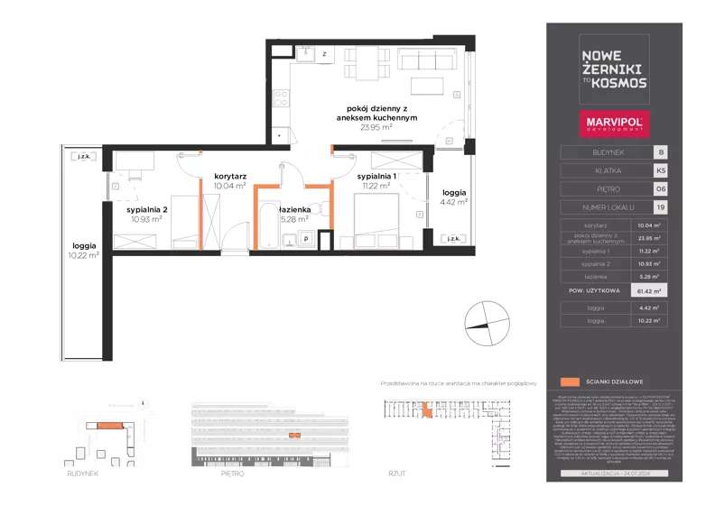 3 pokoje, mieszkanie 61,42 m², piętro 6, oferta nr B/B-06-19-K5, Nowe Żerniki, Wrocław, Żerniki, ul. Kosmonautów / al. Architektów
