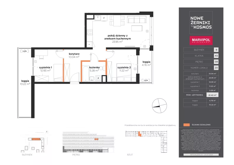 3 pokoje, mieszkanie 61,42 m², piętro 8, oferta nr B/B-08-20-K5, Nowe Żerniki, Wrocław, Żerniki, ul. Kosmonautów / al. Architektów