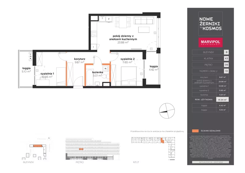 3 pokoje, mieszkanie 61,34 m², piętro 6, oferta nr B/B-06-13-K3, Nowe Żerniki, Wrocław, Żerniki, ul. Kosmonautów / al. Architektów