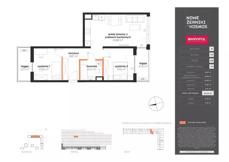 3 pokoje, mieszkanie 61,34 m², piętro 8, oferta nr B/B-08-14-K3, Nowe Żerniki, Wrocław, Żerniki, ul. Kosmonautów / al. Architektów