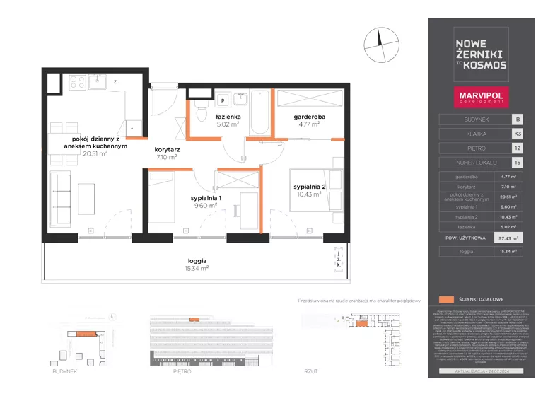 3 pokoje, mieszkanie 57,43 m², piętro 12, oferta nr B/B-12-15-K3, Nowe Żerniki, Wrocław, Żerniki, ul. Kosmonautów / al. Architektów