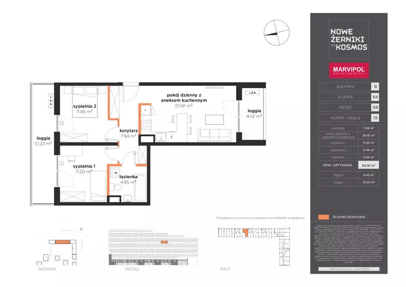 3 pokoje, mieszkanie 56,16 m², piętro 8, oferta nr B/B-08-19-K4, Nowe Żerniki, Wrocław, Żerniki, ul. Kosmonautów / al. Architektów