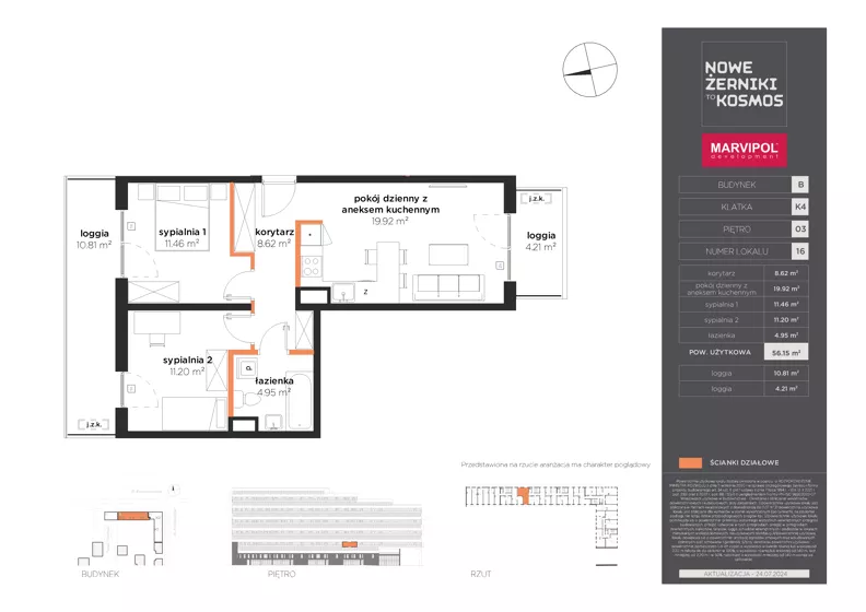 3 pokoje, mieszkanie 56,15 m², piętro 3, oferta nr B/B-03-16-K4, Nowe Żerniki, Wrocław, Żerniki, ul. Kosmonautów / al. Architektów