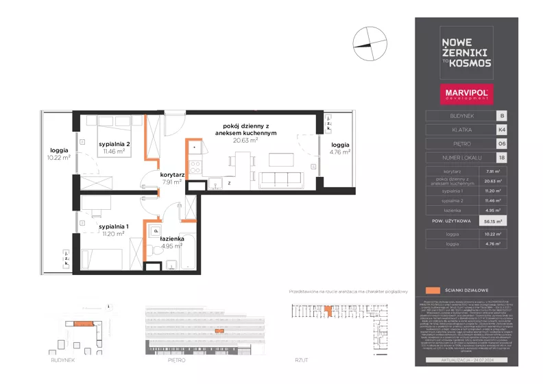 3 pokoje, mieszkanie 56,15 m², piętro 6, oferta nr B/B-06-18-K4, Nowe Żerniki, Wrocław, Żerniki, ul. Kosmonautów / al. Architektów