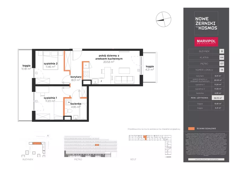 3 pokoje, mieszkanie 56,15 m², piętro 7, oferta nr B/B-07-18-K4, Nowe Żerniki, Wrocław, Żerniki, ul. Kosmonautów / al. Architektów