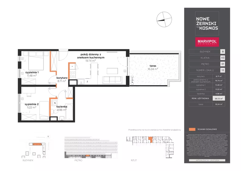 3 pokoje, mieszkanie 56,13 m², piętro 1, oferta nr B/B-01-12-K3, Nowe Żerniki, Wrocław, Żerniki, ul. Kosmonautów / al. Architektów