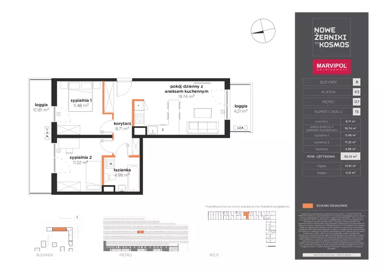 3 pokoje, mieszkanie 56,13 m², piętro 7, oferta nr B/B-07-15-K3, Nowe Żerniki, Wrocław, Żerniki, ul. Kosmonautów / al. Architektów