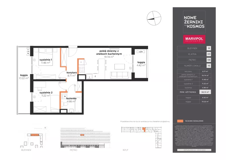 3 pokoje, mieszkanie 56,13 m², piętro 8, oferta nr B/B-08-16-K3, Nowe Żerniki, Wrocław, Żerniki, ul. Kosmonautów / al. Architektów