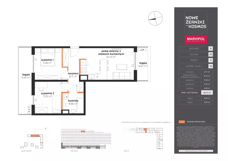 3 pokoje, mieszkanie 56,13 m², piętro 11, oferta nr B/B-11-16-K3, Nowe Żerniki, Wrocław, Żerniki, ul. Kosmonautów / al. Architektów