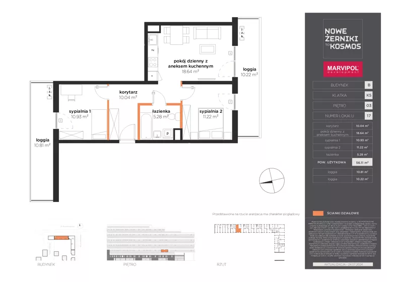 3 pokoje, mieszkanie 56,11 m², piętro 3, oferta nr B/B-03-17-K5, Nowe Żerniki, Wrocław, Żerniki, ul. Kosmonautów / al. Architektów