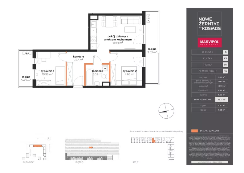 3 pokoje, mieszkanie 56,11 m², piętro 7, oferta nr B/B-07-16-K4, Nowe Żerniki, Wrocław, Żerniki, ul. Kosmonautów / al. Architektów