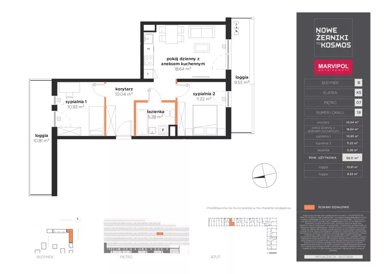 3 pokoje, mieszkanie 56,11 m², piętro 7, oferta nr B/B-07-19-K5, Nowe Żerniki, Wrocław, Żerniki, ul. Kosmonautów / al. Architektów