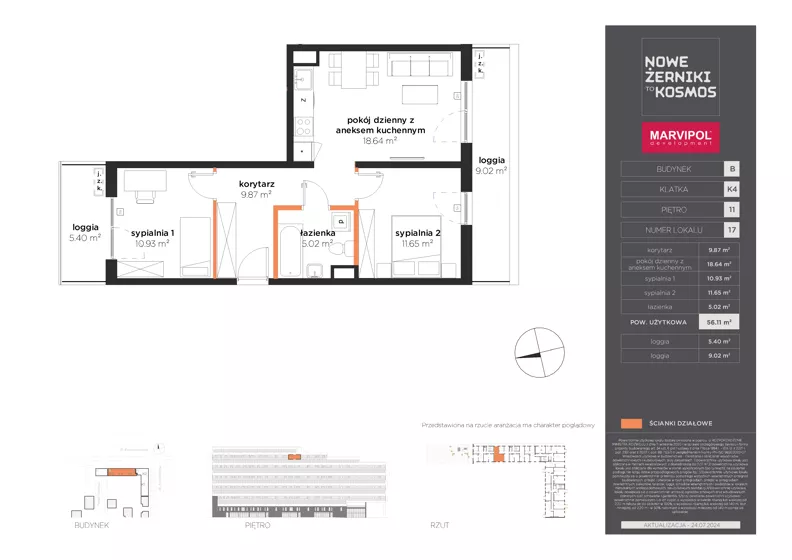 3 pokoje, mieszkanie 56,11 m², piętro 11, oferta nr B/B-11-17-K4, Nowe Żerniki, Wrocław, Żerniki, ul. Kosmonautów / al. Architektów