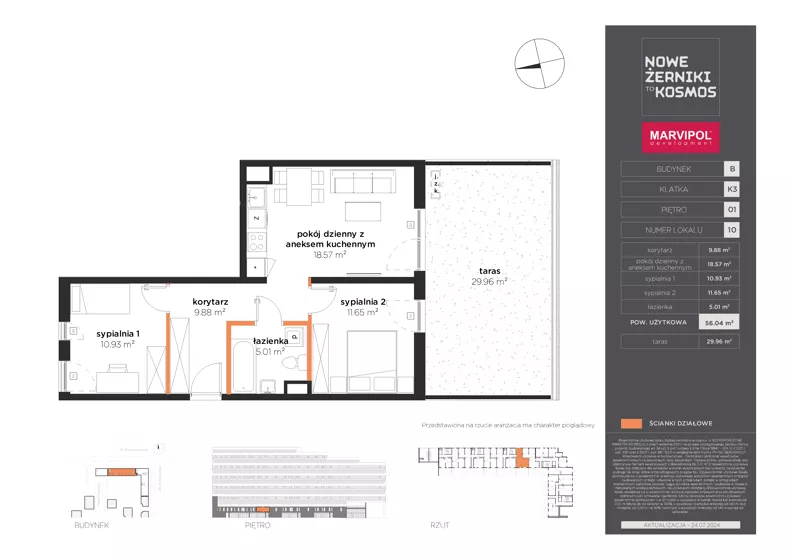 3 pokoje, mieszkanie 56,04 m², piętro 1, oferta nr B/B-01-10-K3, Nowe Żerniki, Wrocław, Żerniki, ul. Kosmonautów / al. Architektów