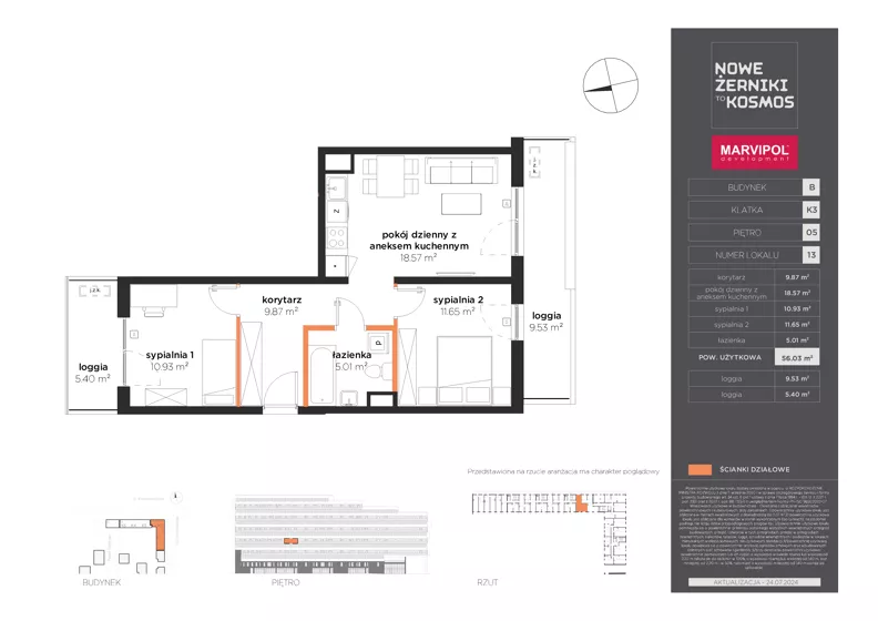 3 pokoje, mieszkanie 56,03 m², piętro 5, oferta nr B/B-05-13-K3, Nowe Żerniki, Wrocław, Żerniki, ul. Kosmonautów / al. Architektów