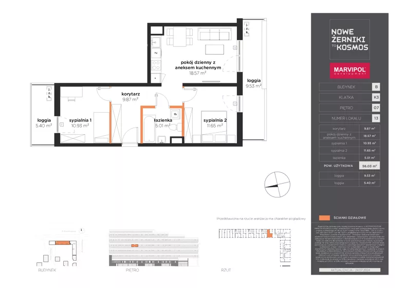 3 pokoje, mieszkanie 56,03 m², piętro 7, oferta nr B/B-07-13-K3, Nowe Żerniki, Wrocław, Żerniki, ul. Kosmonautów / al. Architektów