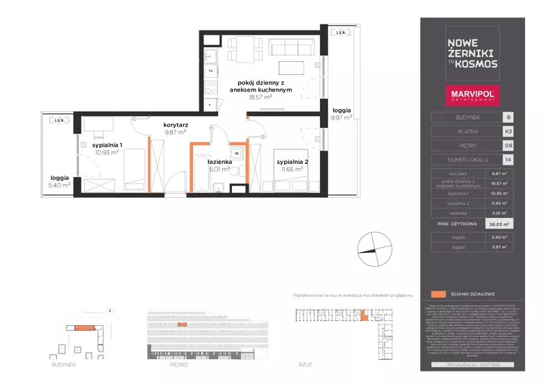 3 pokoje, mieszkanie 56,03 m², piętro 9, oferta nr B/B-09-14-K3, Nowe Żerniki, Wrocław, Żerniki, ul. Kosmonautów / al. Architektów