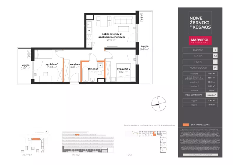 3 pokoje, mieszkanie 56,03 m², piętro 11, oferta nr B/B-11-14-K3, Nowe Żerniki, Wrocław, Żerniki, ul. Kosmonautów / al. Architektów