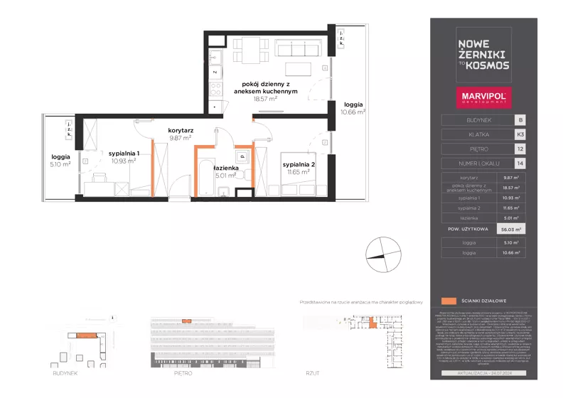 3 pokoje, mieszkanie 56,03 m², piętro 12, oferta nr B/B-12-14-K3, Nowe Żerniki, Wrocław, Żerniki, ul. Kosmonautów / al. Architektów