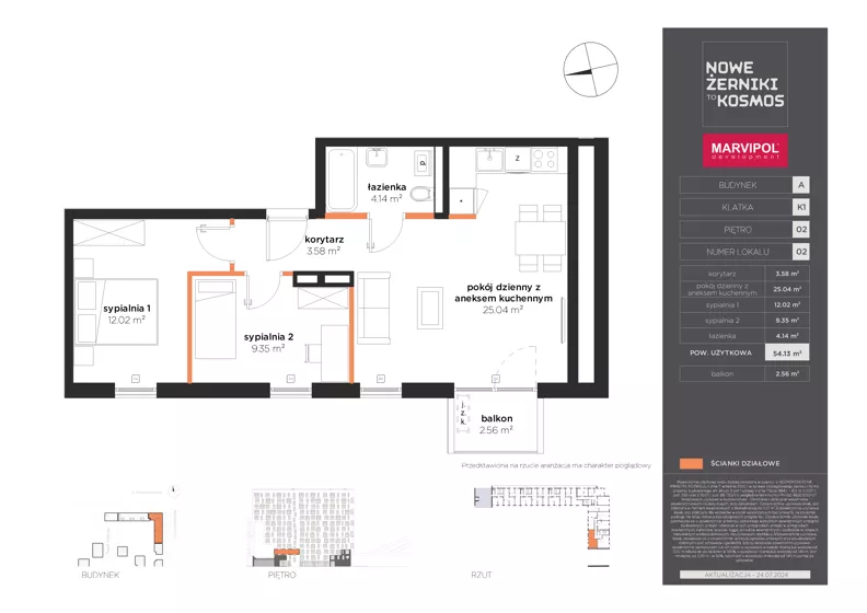 3 pokoje, mieszkanie 54,13 m², piętro 2, oferta nr A/A-02-02-K1, Nowe Żerniki, Wrocław, Żerniki, ul. Kosmonautów / al. Architektów