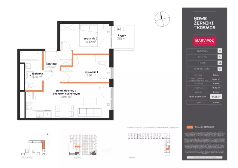 3 pokoje, mieszkanie 51,52 m², piętro 5, oferta nr A/A-05-01-K1, Nowe Żerniki, Wrocław, Żerniki, ul. Kosmonautów / al. Architektów