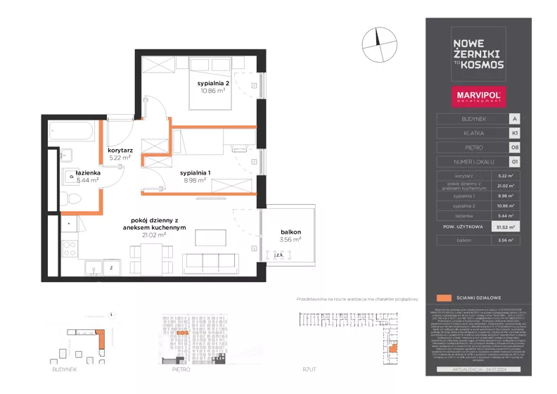 3 pokoje, mieszkanie 51,52 m², piętro 8, oferta nr A/A-08-01-K1, Nowe Żerniki, Wrocław, Żerniki, ul. Kosmonautów / al. Architektów