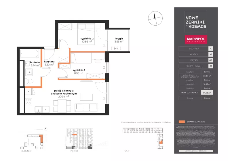 3 pokoje, mieszkanie 51,52 m², piętro 9, oferta nr A/A-09-01-K1, Nowe Żerniki, Wrocław, Żerniki, ul. Kosmonautów / al. Architektów
