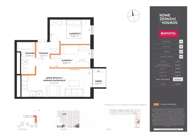 3 pokoje, mieszkanie 51,52 m², piętro 10, oferta nr A/A-10-01-K1, Nowe Żerniki, Wrocław, Żerniki, ul. Kosmonautów / al. Architektów