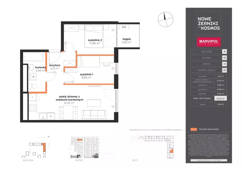 3 pokoje, mieszkanie 51,52 m², piętro 11, oferta nr A/A-11-01-K1, Nowe Żerniki, Wrocław, Żerniki, ul. Kosmonautów / al. Architektów