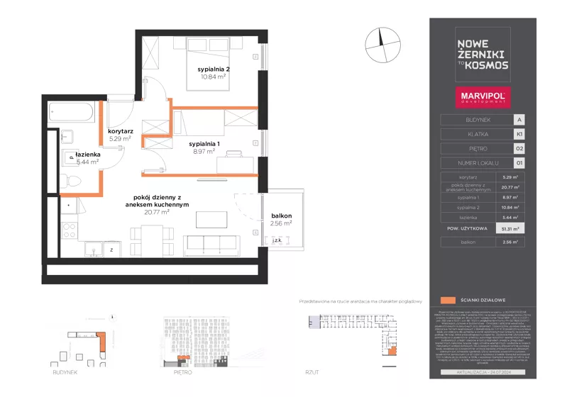 3 pokoje, mieszkanie 51,31 m², piętro 2, oferta nr A/A-02-01-K1, Nowe Żerniki, Wrocław, Żerniki, ul. Kosmonautów / al. Architektów