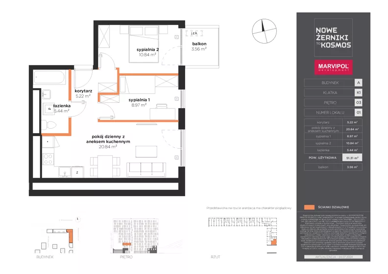 3 pokoje, mieszkanie 51,31 m², piętro 3, oferta nr A/A-03-01-K1, Nowe Żerniki, Wrocław, Żerniki, ul. Kosmonautów / al. Architektów