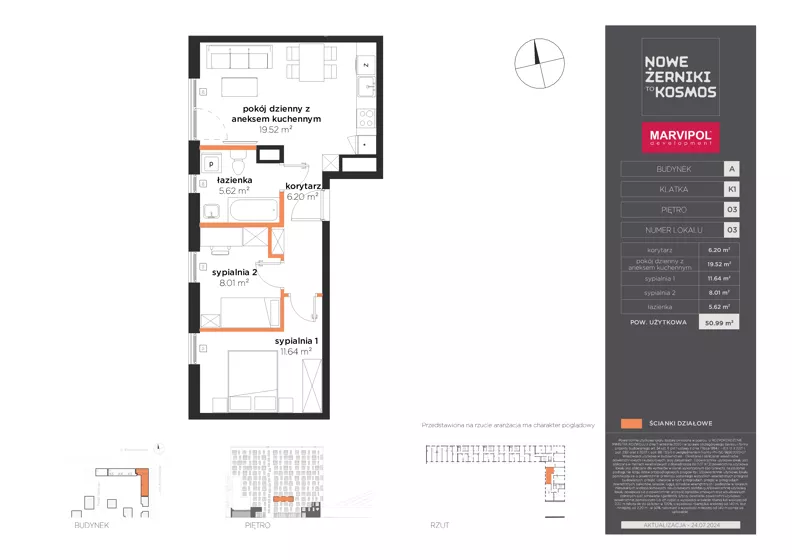 3 pokoje, mieszkanie 50,99 m², piętro 3, oferta nr A/A-03-03-K1, Nowe Żerniki, Wrocław, Żerniki, ul. Kosmonautów / al. Architektów