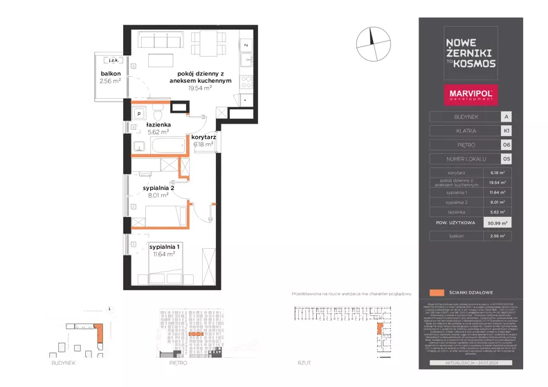 3 pokoje, mieszkanie 50,99 m², piętro 6, oferta nr A/A-06-05-K1, Nowe Żerniki, Wrocław, Żerniki, ul. Kosmonautów / al. Architektów