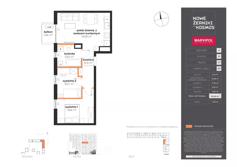3 pokoje, mieszkanie 50,99 m², piętro 7, oferta nr A/A-07-05-K1, Nowe Żerniki, Wrocław, Żerniki, ul. Kosmonautów / al. Architektów