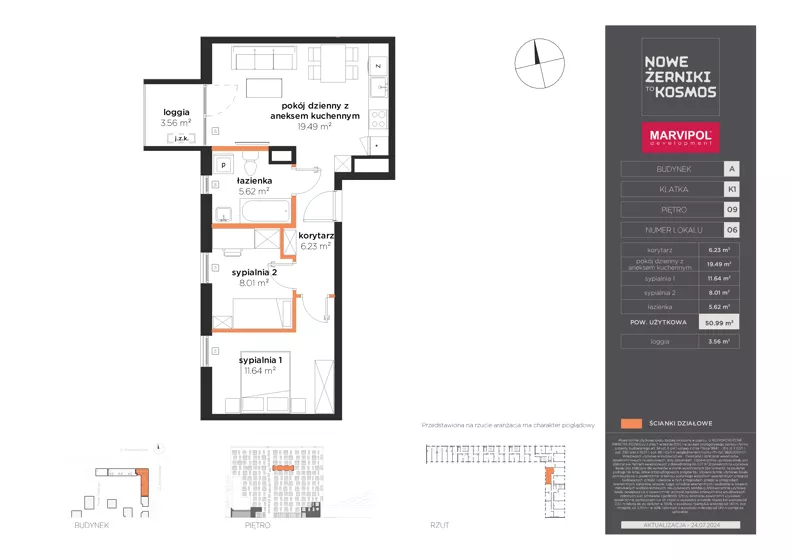 3 pokoje, mieszkanie 50,99 m², piętro 9, oferta nr A/A-09-06-K1, Nowe Żerniki, Wrocław, Żerniki, ul. Kosmonautów / al. Architektów